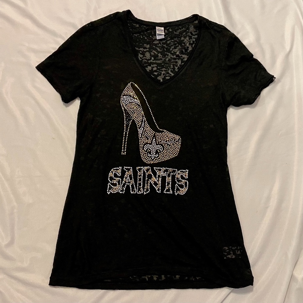 Sheer Black Bedazzled Saints Muses Shoe T-shirt